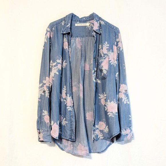 STANDARD GRACE Women's floral denim button-up shirt, adjustable sleeves, MEDIUM - Picture 4 of 16